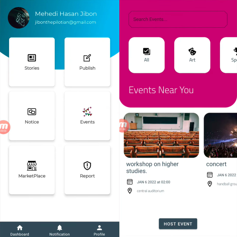 Figure: homepage and events page in campusapp